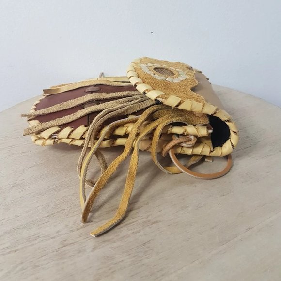 Vintage Leather Fringed Inuit Medicine Bag Set of 2 Bohemian Crossbody Bag - Picture 4 of 11
